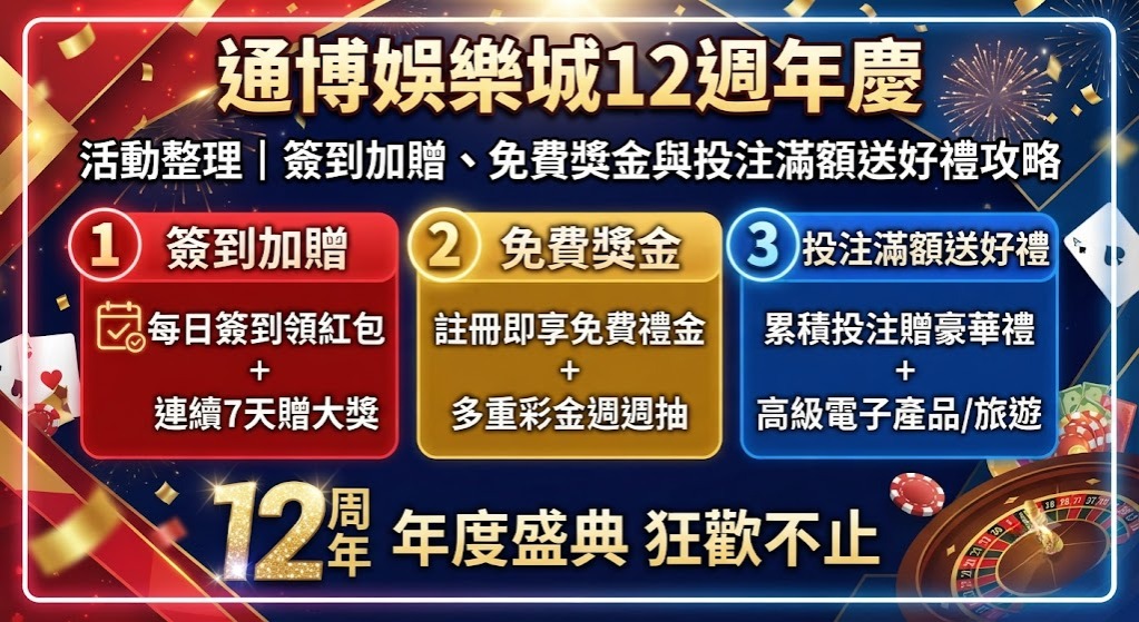 通博娛樂城12週年慶活動整理|簽到加贈、免費獎金與投注滿額送好禮攻略