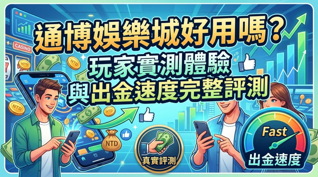 這張圖片是一張16:9的SEO文章縮圖,畫面中央印有醒目的繁體中文標題「通博娛樂城好用嗎?玩家實測體驗與出金速度完整評測」。 整體風格呈現科技感與遊戲氛圍,搭配手機實測、金幣以及顯示「Fast 出金速度」的儀表板圖示,凸顯真實評測的主題。