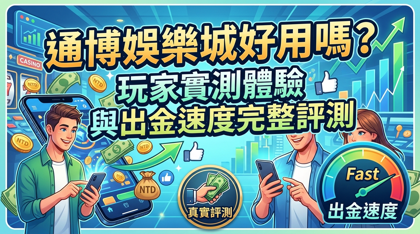 這張圖片是一張16:9的SEO文章縮圖，畫面中央印有醒目的繁體中文標題「通博娛樂城好用嗎？玩家實測體驗與出金速度完整評測」。 整體風格呈現科技感與遊戲氛圍，搭配手機實測、金幣以及顯示「Fast 出金速度」的儀表板圖示，凸顯真實評測的主題。